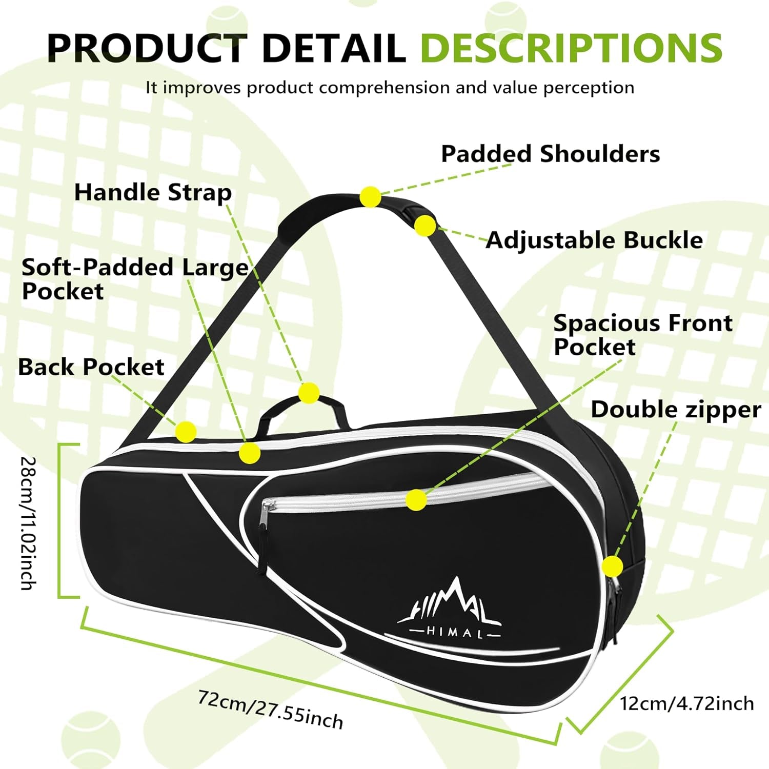 Himal 3 Racquet Tennis Bag with Protective Pad, Tennis Racket Bag for Men Women, Sports Enthusiasts of All Ages